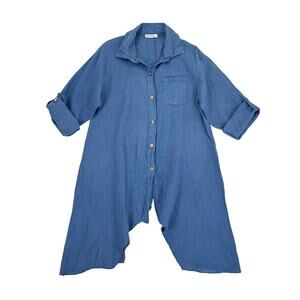 Gigi Moda Linen Button Up Tunic Womens L Blue Flowy Coastal Lagenlook Italy